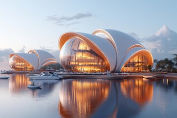 Obraz premium A futuristic Zanzibar skyline featuring high-tech eco-friendly resorts, floating markets, and solar-powered dhows sailing under a glowing neon sunset