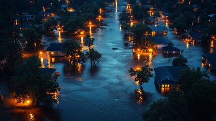 Fototapeta premium Flooded neighborhood at night with houses and trees underwater reflecting lights