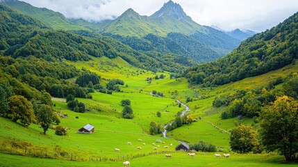 Fototapeta premium Lush green mountain valley with grazing sheep and rustic wooden cabins under a cloudy sky.