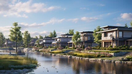 Fototapeta premium Modern residential architecture with lush landscaping and a tranquil water feature at sunset.