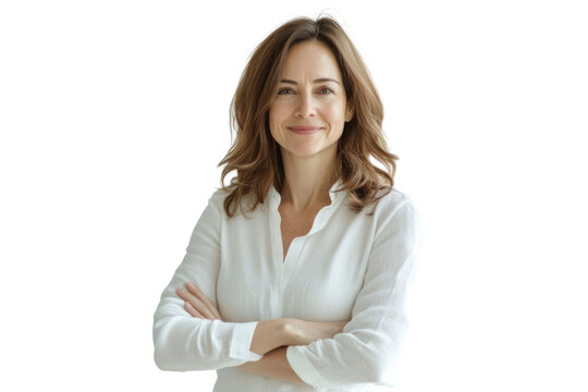 Portrait of 50 years old smiling woman looking at camera with crossed arms. Happy girl standing in creative office. Successful businesswoman standing in white background	