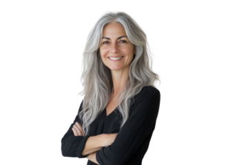 Portrait of 50 years old smiling woman looking at camera with crossed arms. Happy girl standing in creative office. Successful businesswoman standing in white background	