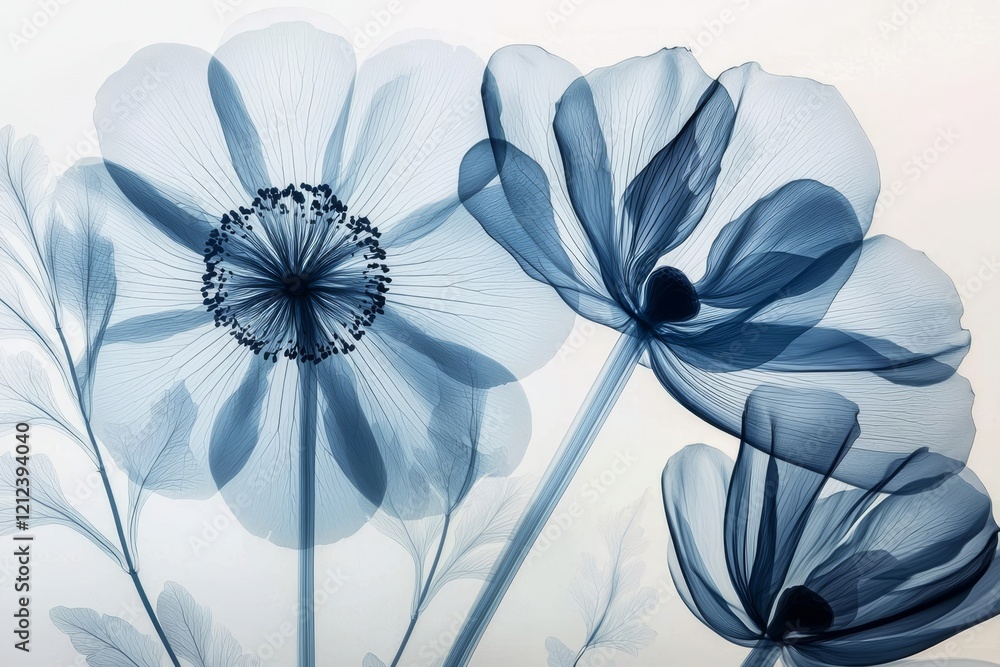 Poster artistic x-ray representation of flowers capturing internal structures.