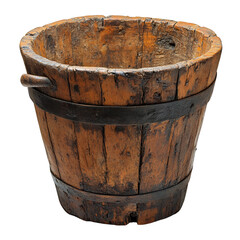 Fototapeta premium Antique Wooden Bucket Rustic Brown Aged Weathered Metal Bands Vintage Container