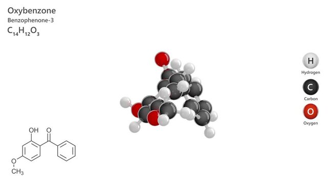 Oxybenzone or benzophenone-3. Animated 3D model of a molecule. Molecular formula: C14H12O3. Chemical model: Ball and sticks. White background. 3D rendering. Seamless loop.