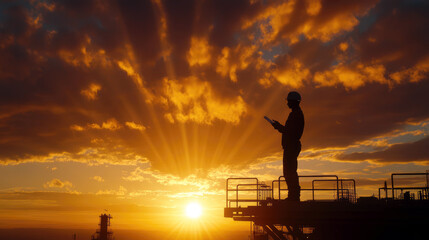 Fototapeta premium Sunset Strategist: A silhouetted figure stands on a platform, reviewing documents against a breathtaking sunset backdrop of fiery oranges and reds, conveying a sense of contemplation and planning. 