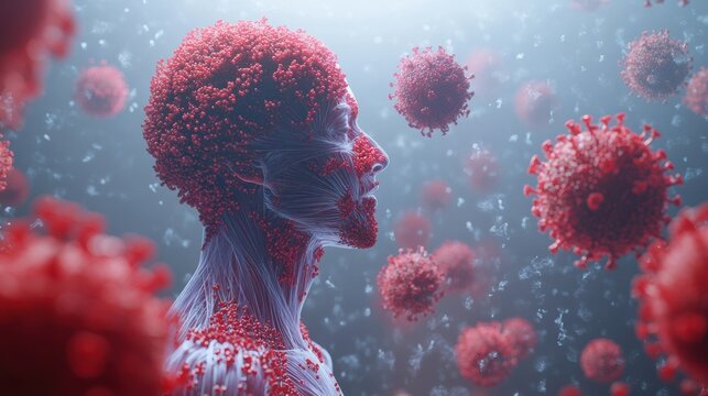 Microscopic view of a human figure covered in virus particles.