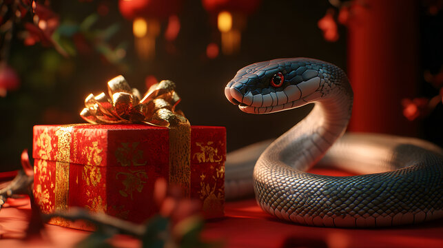 Festive and Decorative Scene with a Snake and a Present