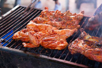Roast chicken stand at the Oaxaca food market in Mexico.