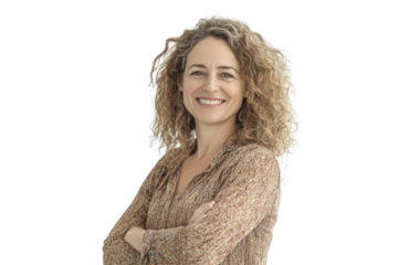 Portrait of 50 years old smiling woman looking at camera with crossed arms. Happy girl standing in creative office. Successful businesswoman standing in white background