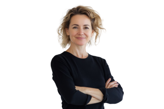 Portrait of 50 years old smiling woman looking at camera with crossed arms. Happy girl standing in creative office. Successful businesswoman standing in white background	