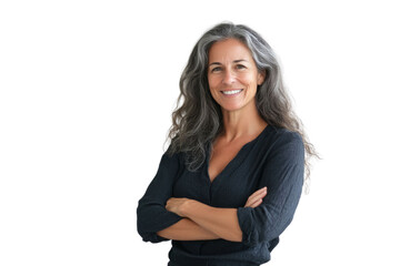 Portrait of 50 years old smiling woman looking at camera with crossed arms. Happy girl standing in creative office. Successful businesswoman standing in white background	