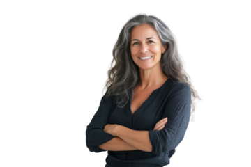 Portrait of 50 years old smiling woman looking at camera with crossed arms. Happy girl standing in creative office. Successful businesswoman standing in white background	