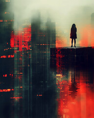 A silhouette stands at the edge overlooking a foggy future city.