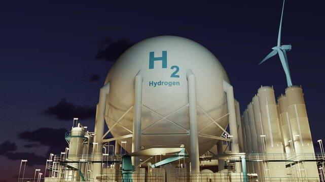 Nighttime view of the facility's hydrogen production through electrolysis, utilizing electricity generated by wind turbines. Time lapse. 3d rendering
