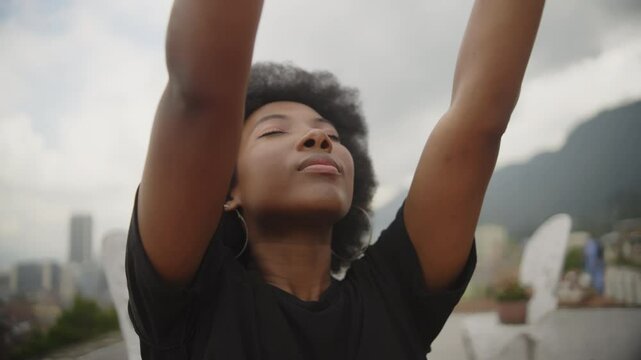 A Black Woman&rsquo;s Yoga Practice in the city Black Model Smiling Happy Relaxing