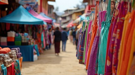 Vibrant Fabrics Hanging at a Busy Outdoor Market