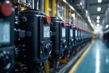 Fototapeta premium A detailed view of a modern industrial facility showcasing a row of advanced machinery components lined up for production or maintenance operations