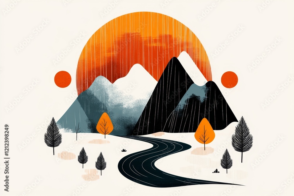 Poster a minimalist flat design of zion canyon, with clean lines and bold shapes representing the red cliff