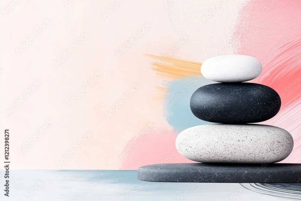 Poster a minimalist flat design of a zen rock garden with a single smooth stone and perfectly raked concent