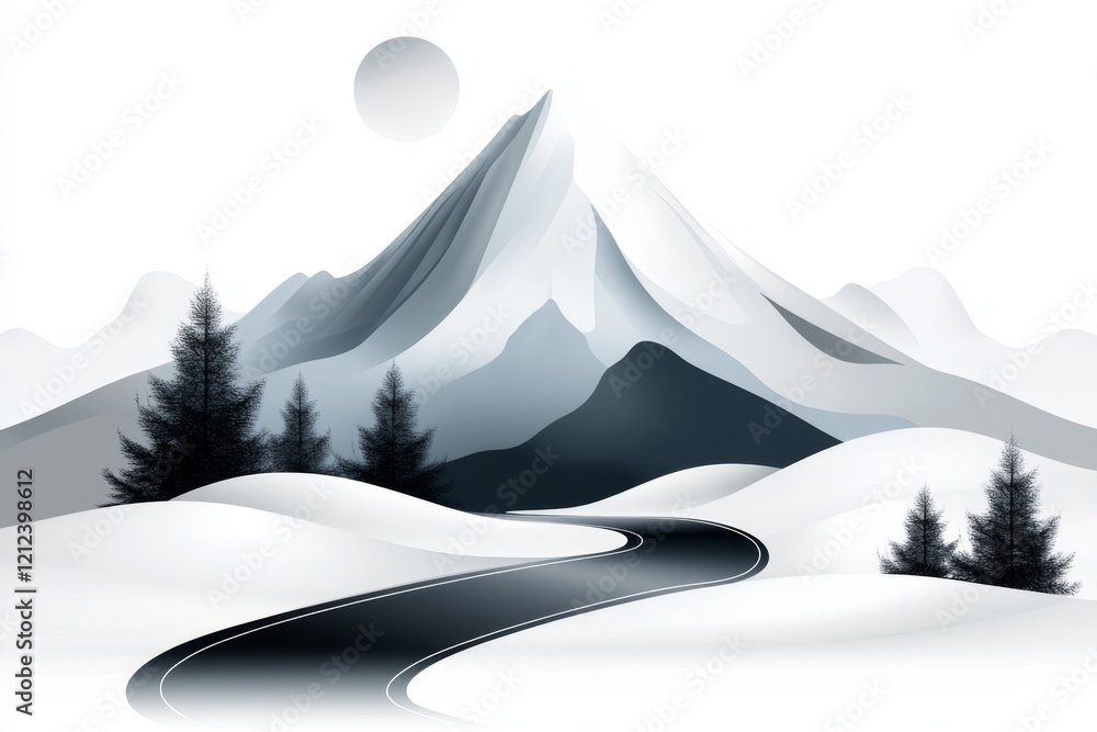 Poster a minimalist line art of a zigzag road leading up a mountain, drawn in simple black-and-white lines 