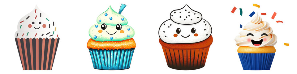 cute cartoon and clipart concept. Colorful and cute cupcakes with smiling faces on a white background. on Transparent background.