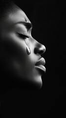 Fototapeta premium black and white portrait of woman with tear rolling down her cheek, capturing deep emotion and vulnerability. contrast highlights her facial features beautifully