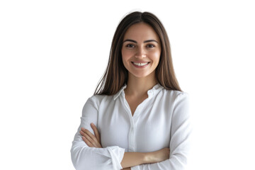 Portrait of 30 years old smiling woman looking at camera with crossed arms. Happy girl standing in creative office. Successful businesswoman standing in white background	