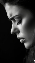 Black and white portrait of woman with tears, expressing deep emotion and vulnerability. contrast highlights her features and sadness in her expression