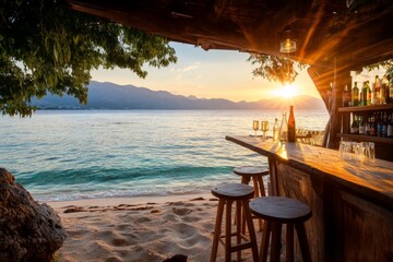 Fototapeta premium A peaceful beach bar in Zakynthos, with wooden stools and tables set on the sand under swaying palm trees