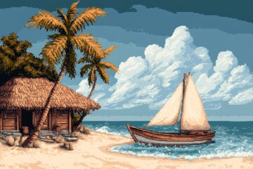 Naklejka premium A pixel art representation of a Zanzibar beach with animated waves, a small dhow boat bobbing in the water, and tiny palm trees swaying in the breeze