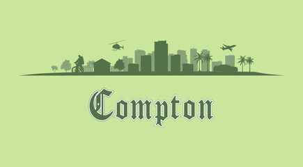 Compton, Los Ángeles en California, Estados Unidos. Skyline, paisaje urbano del barrio en diseño gráfico vectorial. Fuente gótica, diseño de silueta negra. 