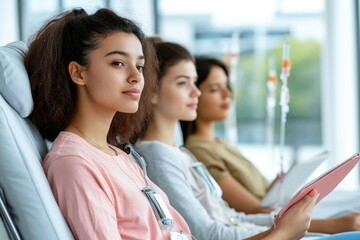 Witness the strength and resilience during a chemotherapy session in progress, where patients sit in comfortable chairs, each connected with IV drips, finding solace in reading or lighthearted