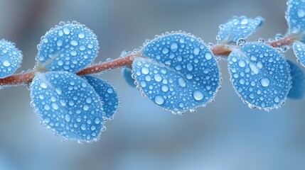 Fototapeta premium Close-up of dew-covered blue leaves on a branch.