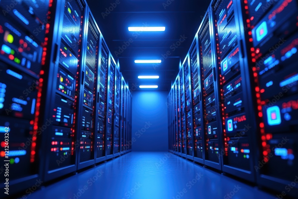 Aufkleber futuristic data center interior with rows of server racks illuminated by blue led lights, representi