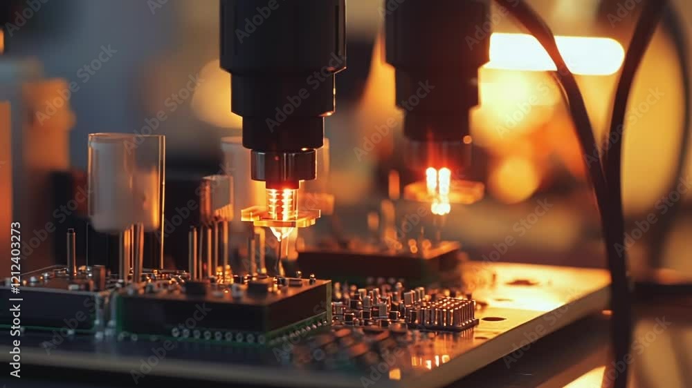 Poster a macro shot of circuit board components being soldered together with the soft glow of a work lamp i