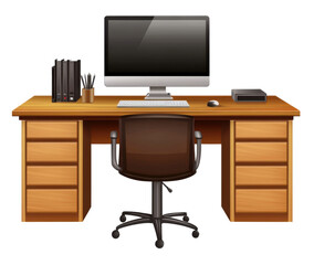 Wooden desk with computer setup and office supplies organized for efficient workspace on transparent background