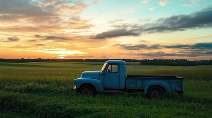 Fototapeta premium A blue truck is parked next to a lush green field, bathed in the warm golden hues of the setting sun, creating a peaceful and picturesque scene.