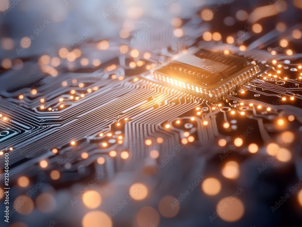Poster illuminated circuitry: a mesmerizing close-up of a microchip's intricate pathways, glowing with warm
