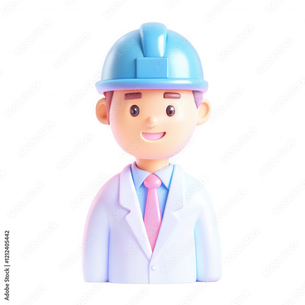 Poster a 3d cartoon character of a smiling engineer wearing a hard hat and lab coat. the character appears 