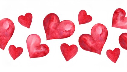 Fototapeta premium Vibrant watercolor hearts drifting across white surface, expressing love and celebration