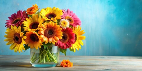 Fototapeta premium Colorful mix of sunflowers and gerbera daisies arranged in a elegant vase , gerbera daisies, sunflowers