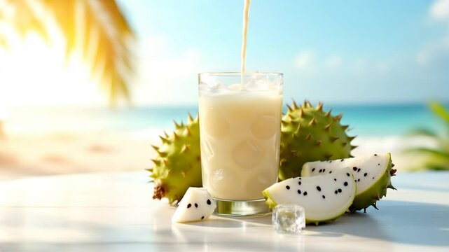A refreshing glass of soursop juice with ice cubes and a straw, served on a white plate and accompanied by a slice of soursop fruit