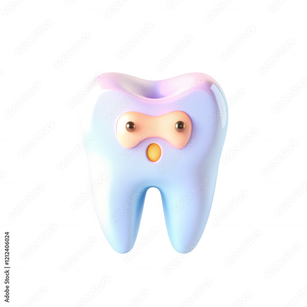 Poster a whimsical 3d render of a smiling cartoon tooth with big eyes and a playful expression, featuring p