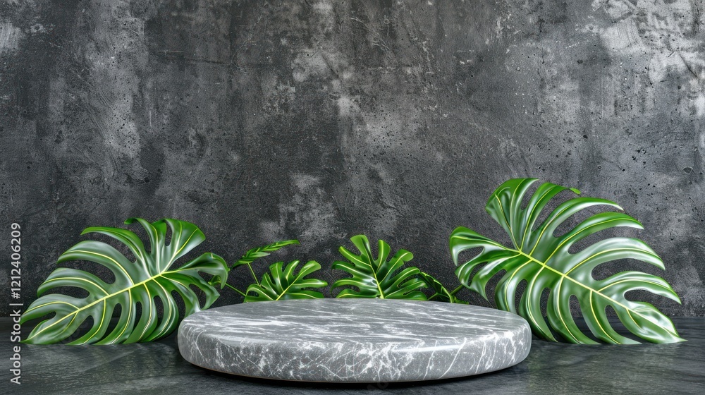 Poster elegant and modern display with marble round platform surrounded by lush green leaves on textured gr