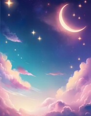 Fototapeta premium Magical pastel colors dominate the sky with a crescent moon shining over pink and orange clouds at sunset