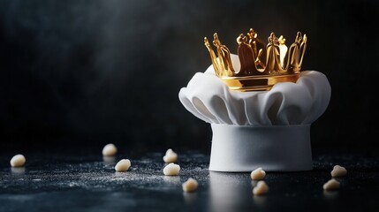A chef hat adorned with a golden crown sits proudly against a dark background, symbolizing culinary excellence and mastery in the kitchen.