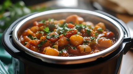 Homemade vegetarian electric pressure cooker meal in a ketchen
