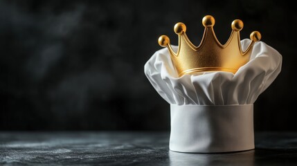 A chef hat adorned with a golden crown sits proudly against a dark background, symbolizing culinary excellence and mastery in the kitchen.