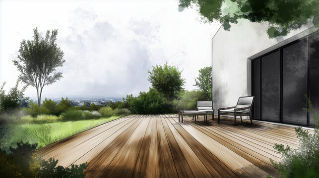 Artistic sketch of a deck with detailed wood grain textures, minimalistic outdoor chairs, and a pathway leading to a landscaped yard